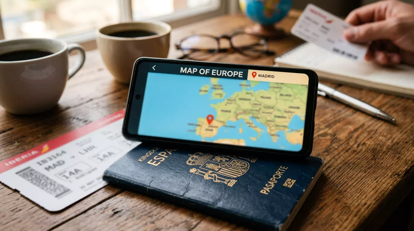 Mapa de Europa con conexión Bizum y smartphone mostrando un casino online desde el extranjero