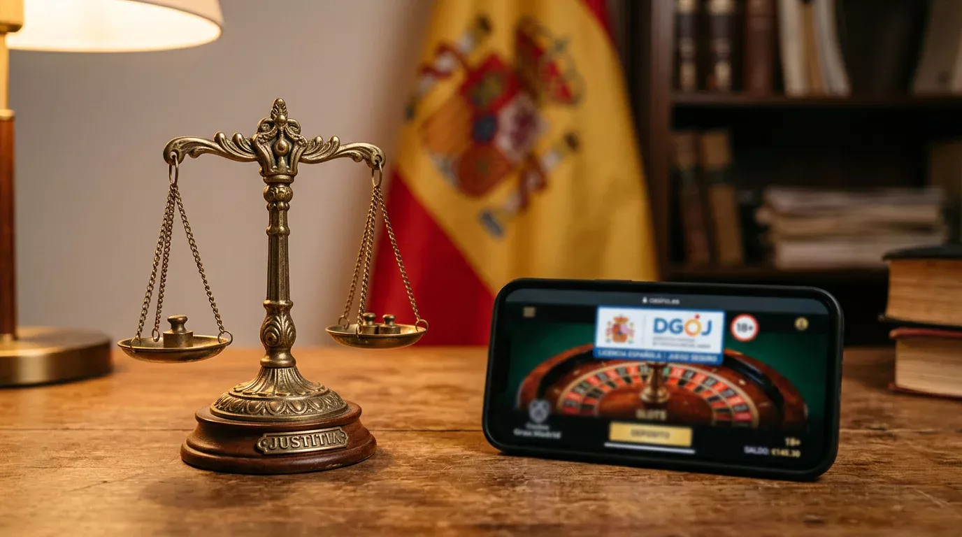 Balanza de justicia junto a un smartphone con Bizum y fichas de casino representando la legalidad